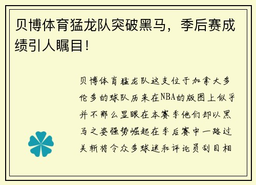 贝博体育猛龙队突破黑马，季后赛成绩引人瞩目！