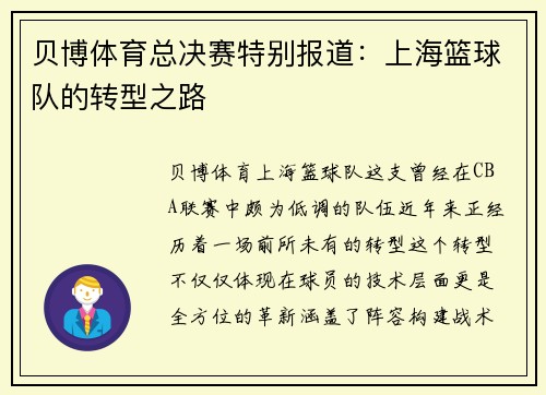贝博体育总决赛特别报道：上海篮球队的转型之路